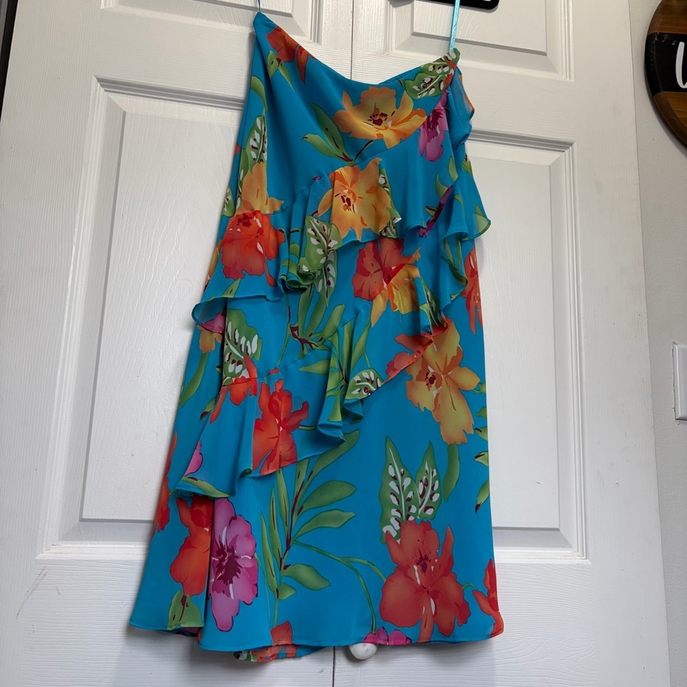 Chaps Vibrant Blue Tropical Ruffle midi Skirt Sz small - Picture 4 of 10